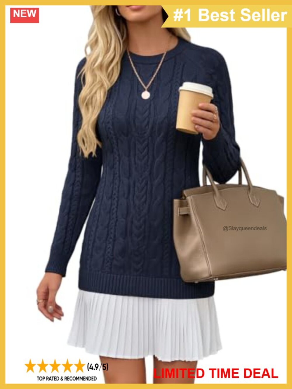 Cable Knit Sweater Dress Pleated Mini Long Sleeve Crew Neck Fall